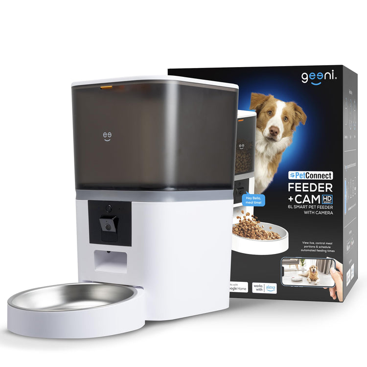 Geeni 6L Smart Pet Feeder with Camera 1080p HD Night Vision Two-Way Audio Pre-Recorded Messages WiFi Enabled Voice Control with Alexa & Google Home Automatic Cat & Dog Food Dispenser White - Y Files