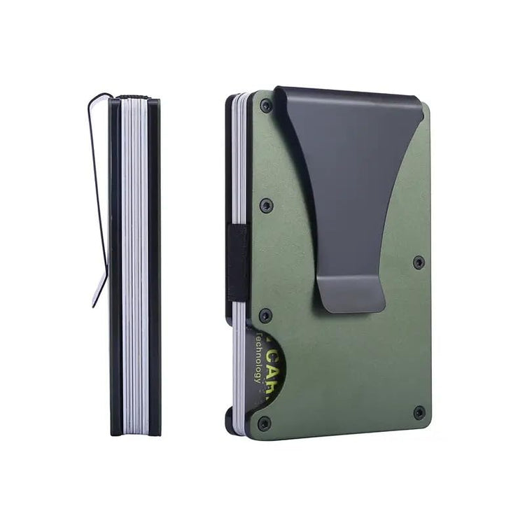Minimalist Wallet for Men Slim Aluminum Metal Pocket Wallet with Money Clip Blocks RFID Scanners ID Card Holder(Army Green) - Y Files