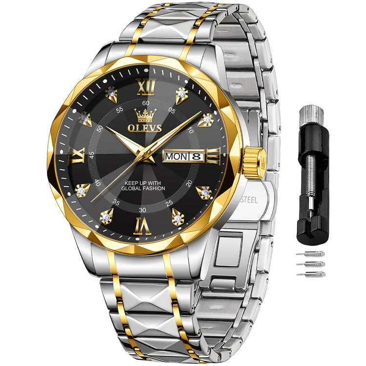 OLEVS Watches for Men Business Dress Two-Tone Black Men Watch Diamond Stainless Steel Big Dial Waterproof Analog Date Wristwatch - Y Files
