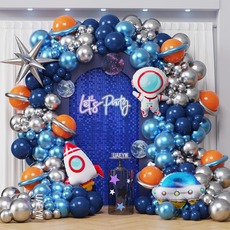 Outer Space Birthday Party Decorations 146Pcs Astronaut Balloon Arch Garland Kit UFO Rocket Astronaut Foil Balloons Navy Blue Metallic Silver Blue Balloons for Kids Boys Space Theme Party Decor - Y Files