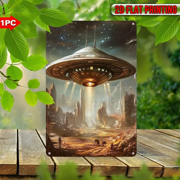 Vintage Metal Sign - Alien UFO,Futuristic Cityscape Iron Wall Art, Waterproof,Dustproof, Perfect for Home, Kitche - Y Files