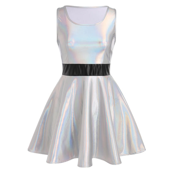 Women Alien Shiny Metallic Skater Dress Sleeveless Disco Dance 80s Holographic Dress Adult Sparkly Hallowen Cosplay Outfits Rave Music Party Wet Look Plus Size Pleated Dress Silver M - Y Files