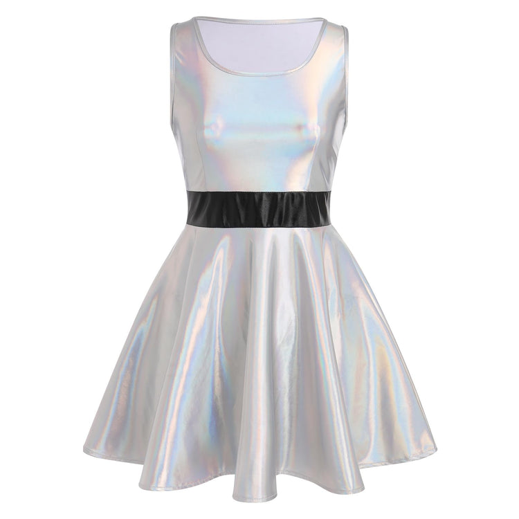 Women Alien Shiny Metallic Skater Dress Sleeveless Disco Dance 80s Holographic Dress Adult Sparkly Hallowen Cosplay Outfits Rave Music Party Wet Look Plus Size Pleated Dress Silver M - Y Files