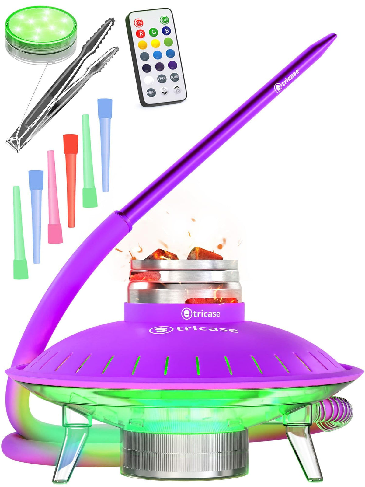 1 Hose Hookah Set With Everything - UFO Purple Hookah Set 1 Hose Hookah - Shisha Hookah Set with Hookah Charcoal Holder & Amazing Led Light Remote & Big Black Silicone Hookah Bowl - Mini Hookah Set - Y Files