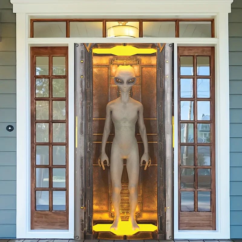 2D flat 1 alien polyester door banner - UFO door arch, suitable for Halloween and sci-fi parties - Y Files