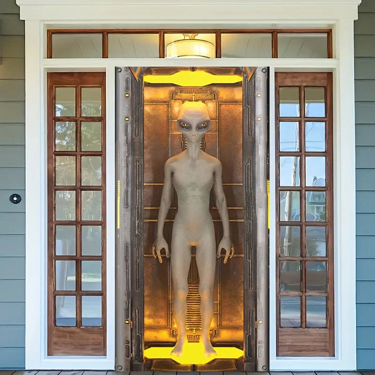 2D flat 1 alien polyester door banner - UFO door arch, suitable for Halloween and sci-fi parties - Y Files