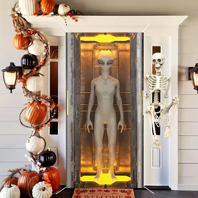 2D flat 1 alien polyester door banner - UFO door arch, suitable for Halloween and sci-fi parties - Y Files