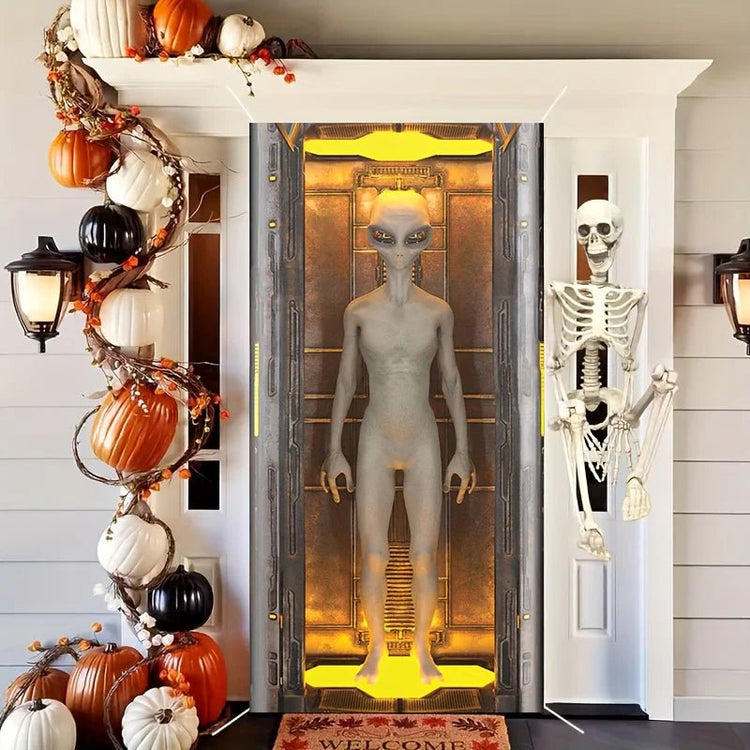 2D flat 1 alien polyester door banner - UFO door arch, suitable for Halloween and sci-fi parties - Y Files