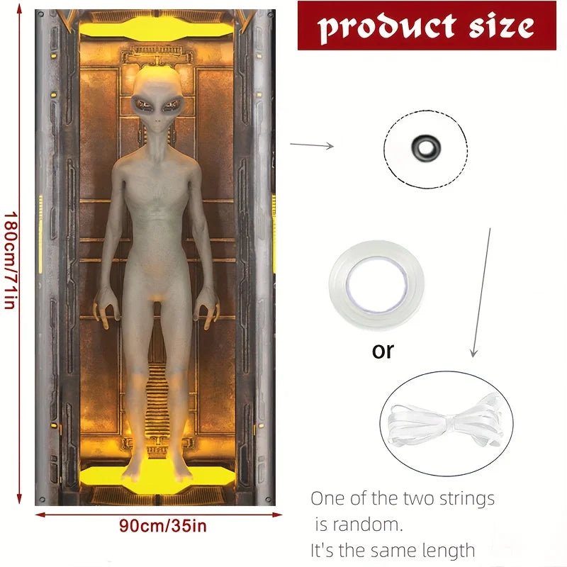 2D flat 1 alien polyester door banner - UFO door arch, suitable for Halloween and sci-fi parties - Y Files
