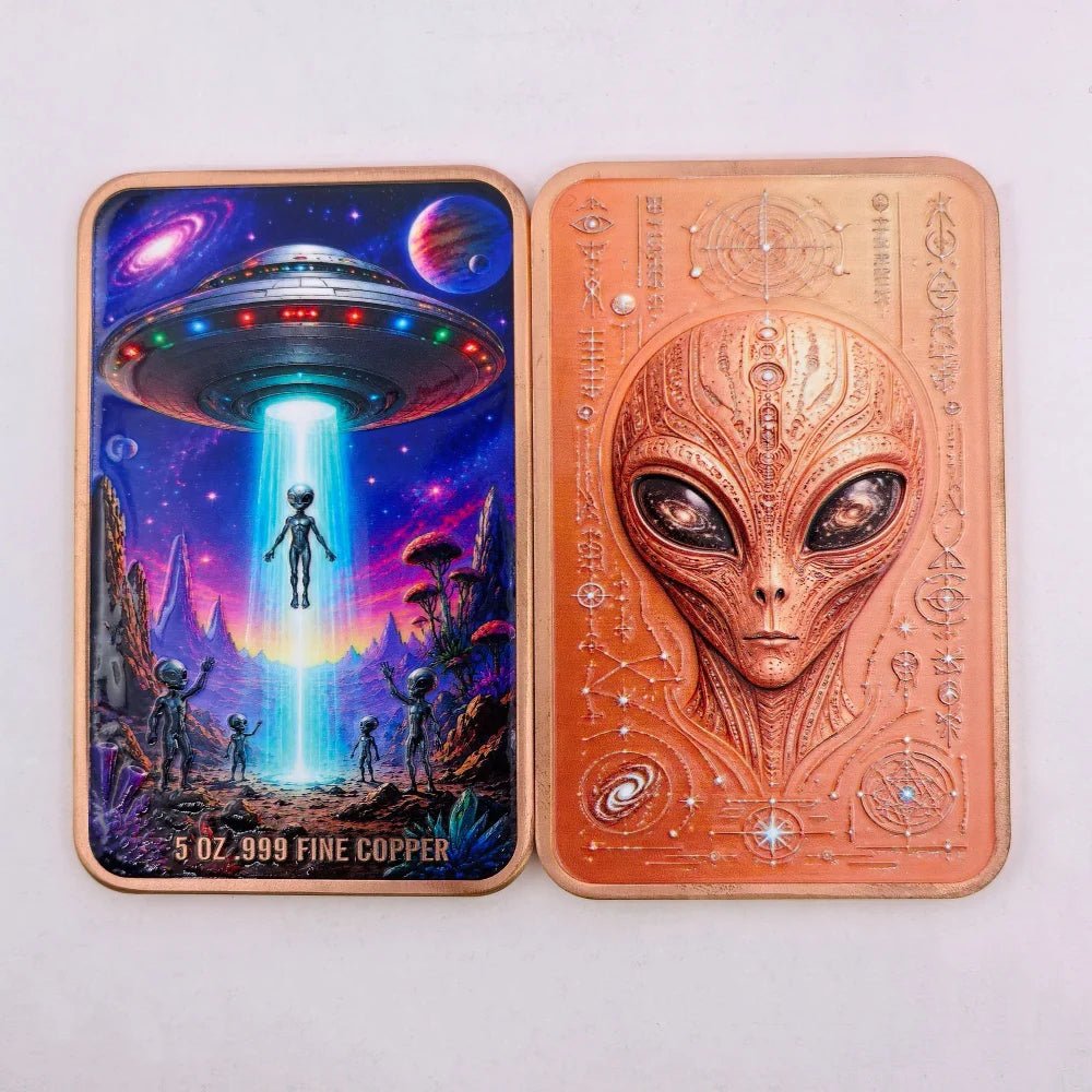 5 OZ .999 Fine Copper Outer Space Extraterrestrial Alien UFO Commemorative Bar & Coin Flying Saucer Sci-Fi Art Collectible Gift - Y Files