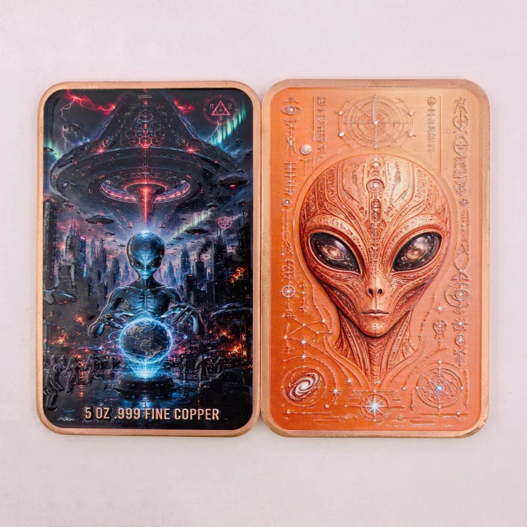5 OZ .999 Fine Copper Outer Space Extraterrestrial Alien UFO Commemorative Bar & Coin Flying Saucer Sci-Fi Art Collectible Gift - Y Files