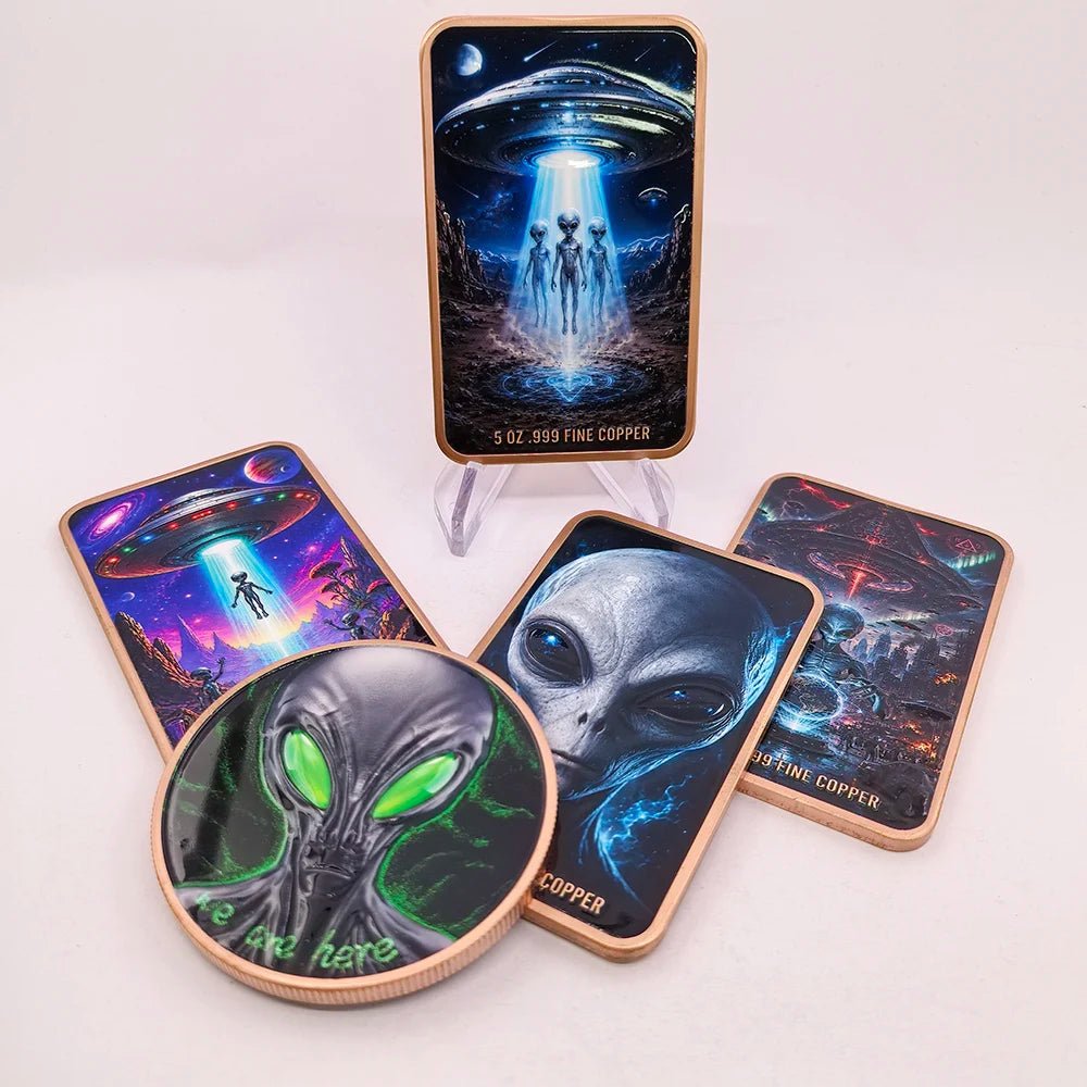 5 OZ .999 Fine Copper Outer Space Extraterrestrial Alien UFO Commemorative Bar & Coin Flying Saucer Sci-Fi Art Collectible Gift - Y Files