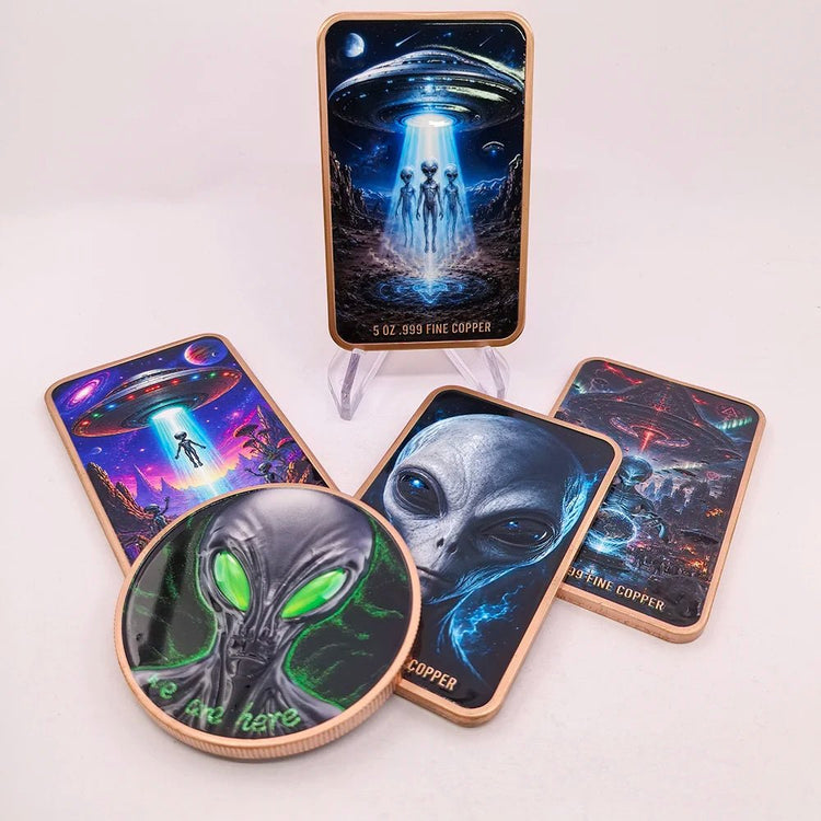 5 OZ .999 Fine Copper Outer Space Extraterrestrial Alien UFO Commemorative Bar & Coin Flying Saucer Sci-Fi Art Collectible Gift - Y Files