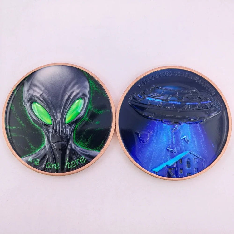 5 OZ .999 Fine Copper Outer Space Extraterrestrial Alien UFO Commemorative Bar & Coin Flying Saucer Sci-Fi Art Collectible Gift - Y Files