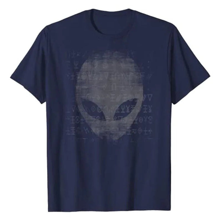 Alien Head Shirt Aliens Symbols Writing UFO T-Shirts Space Buffs Graphic Tee Y2k Top Funny Conspiracy Theorists Outfits Gifts - Y Files