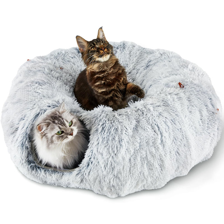 Bininl Cat Tunnel Bed for Indoor Cats Peekaboo Cat Cave Donut Tunnel for Cat with Washable Circle Cushion Interior Cat Play Tunnel (34 Inch Grey) - Y Files