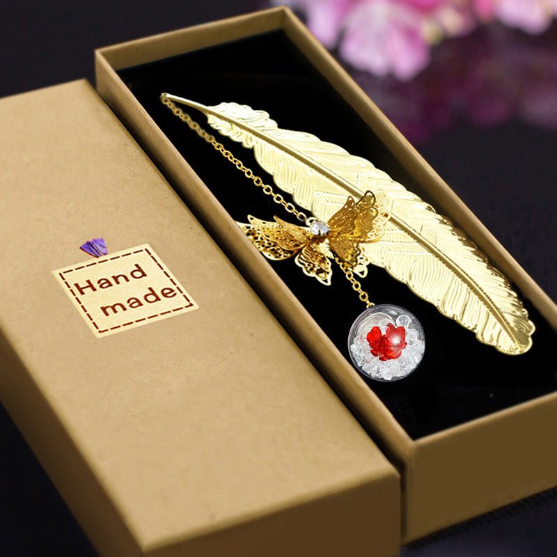 Chinese Style Metal Feather Bookmark with Preserved Flowers - Y Files