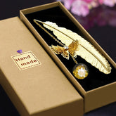 Chinese Style Metal Feather Bookmark with Preserved Flowers - Y Files