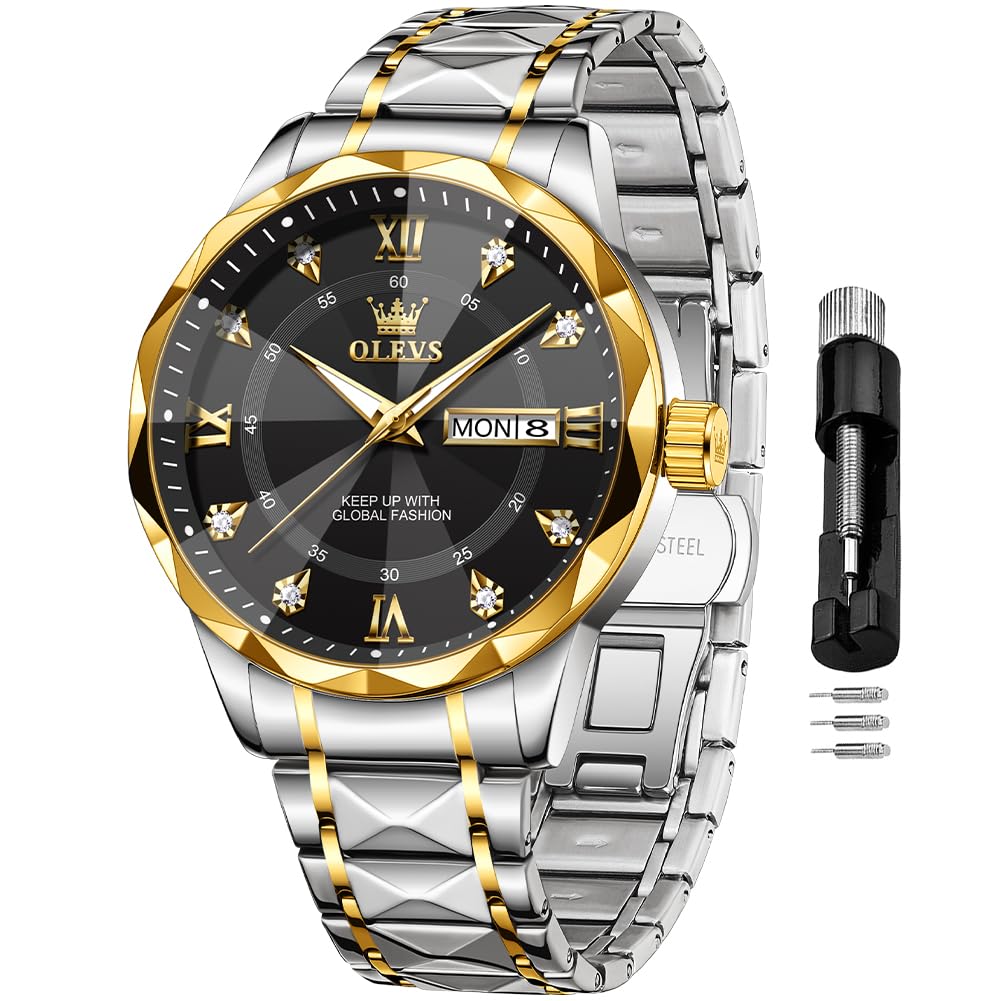 OLEVS Watches for Men Business Dress Two-Tone Black Men Watch Diamond Stainless Steel Big Dial Waterproof Analog Date Wristwatch - Y Files
