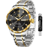 OLEVS Watches for Men Business Dress Two-Tone Black Men Watch Diamond Stainless Steel Big Dial Waterproof Analog Date Wristwatch - Y Files