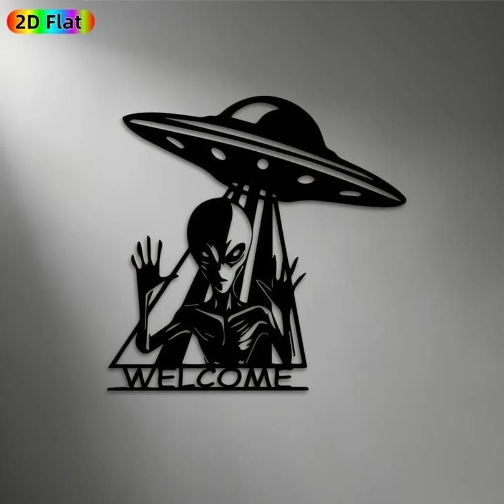 Retro UFO Metal Plate Wall Art, rustproof alien pattern hanging ornament suitable for indoor home and outdoor garden decoration - Y Files