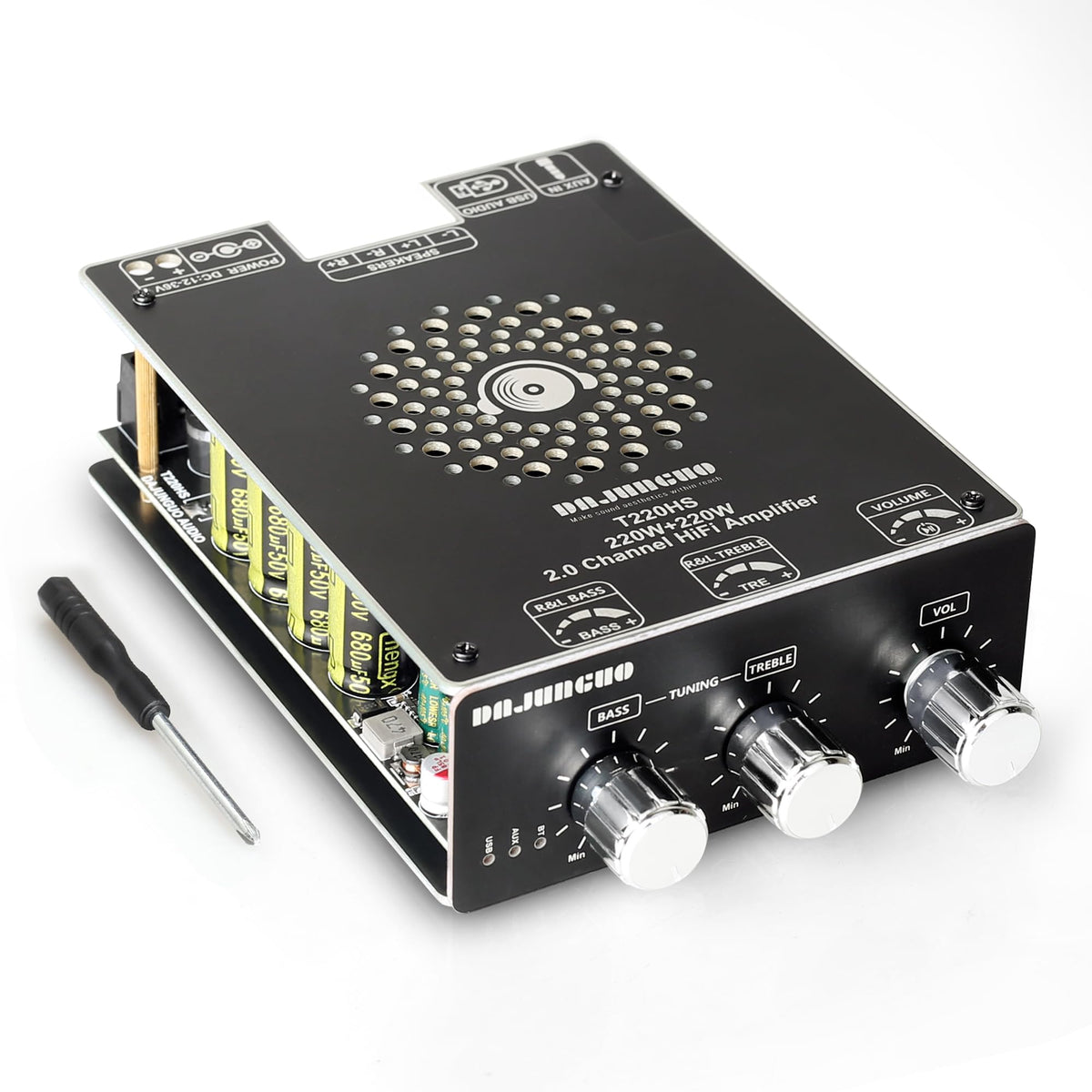 T220HS 220W+220W Bluetooth Amplifier Board with Treble and Bass Control 2.0 Channel Stereo AMP Board DC 12-36VBluetooth/AUX/USB Input - Y Files