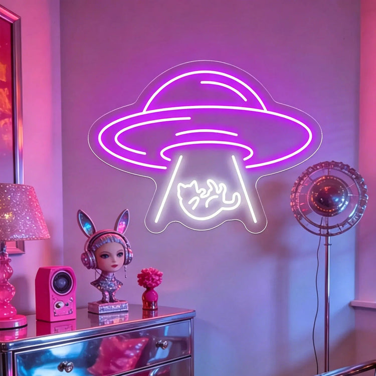 UFO Cat Neon Sign,Alien Cat LED Neon,Cute Cat Wall Decor,Gaming/Space Room Decor,Kawaii Bedroom Neon Sign,Cat Lover Gift - Y Files