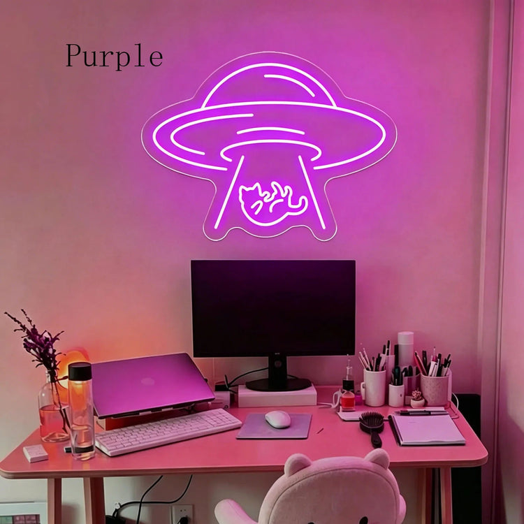 UFO Cat Neon Sign,Alien Cat LED Neon,Cute Cat Wall Decor,Gaming/Space Room Decor,Kawaii Bedroom Neon Sign,Cat Lover Gift - Y Files