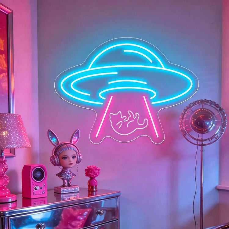 UFO Cat Neon Sign,Alien Cat LED Neon,Cute Cat Wall Decor,Gaming/Space Room Decor,Kawaii Bedroom Neon Sign,Cat Lover Gift - Y Files